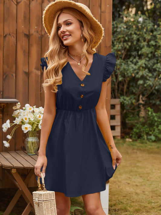 Ruffled V-Neck Cap Sleeve Mini Dress-TOPS / DRESSES-[Adult]-[Female]-Indigo-S-2022 Online Blue Zone Planet