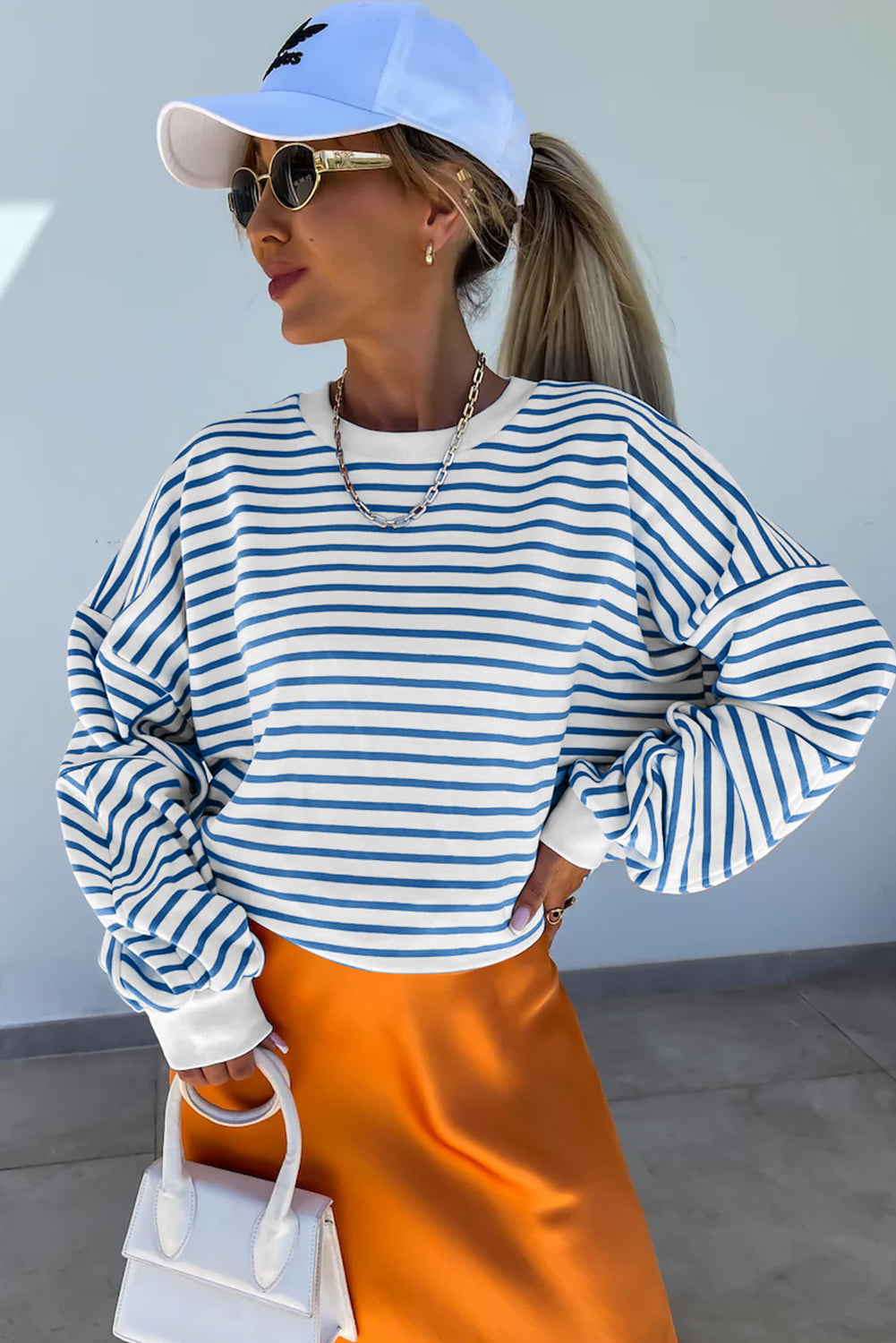 Blue Stripe Drop Shoulder Crew Neck Loose Sweatshirt-Tops/Sweatshirts & Hoodies-[Adult]-[Female]-2022 Online Blue Zone Planet