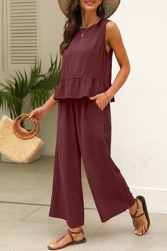 Red Dahlia Solid Color Ribbed Ruffle Tank Top and Pants Set-Two Piece Sets/Pant Sets-[Adult]-[Female]-Red Dahlia-S-2022 Online Blue Zone Planet