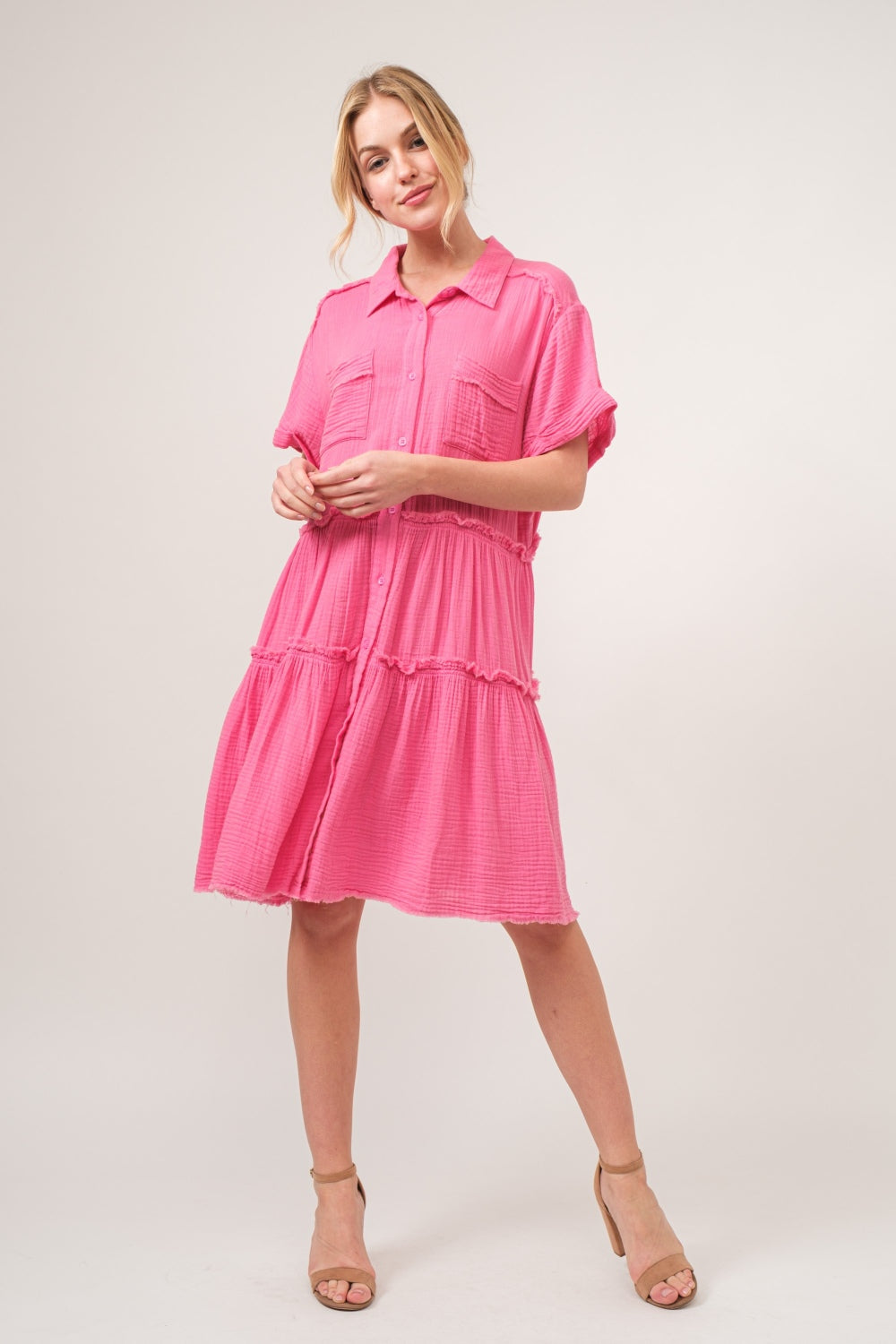 Blue Zone Planet | And The Why Full Size Raw Edge Washed Tiered Shirt Dress-TOPS / DRESSES-[Adult]-[Female]-2022 Online Blue Zone Planet