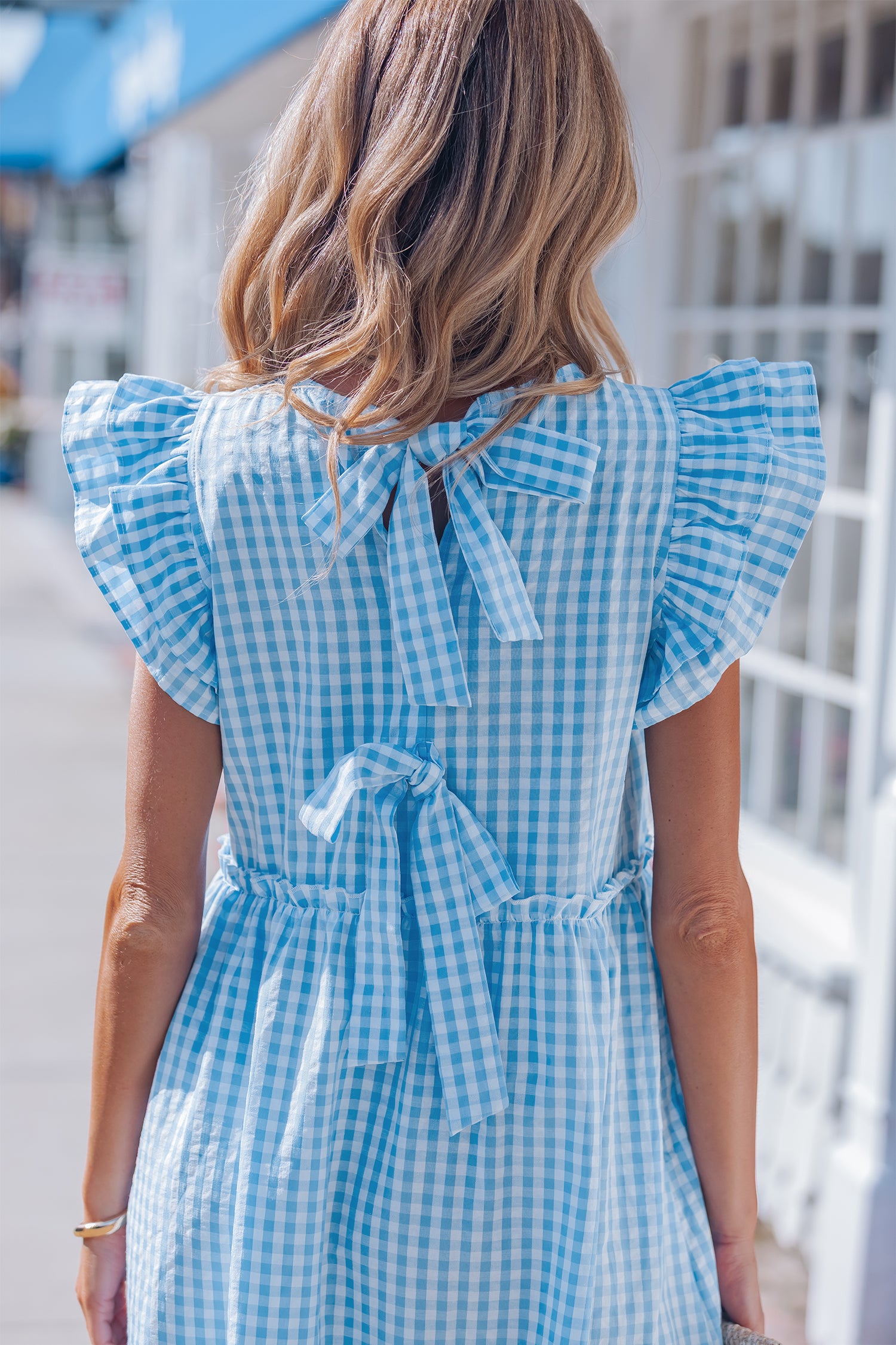Sky Blue Knot Back Ruffled Short Sleeve Gingham Maxi Dress-TOPS / DRESSES-[Adult]-[Female]-2022 Online Blue Zone Planet