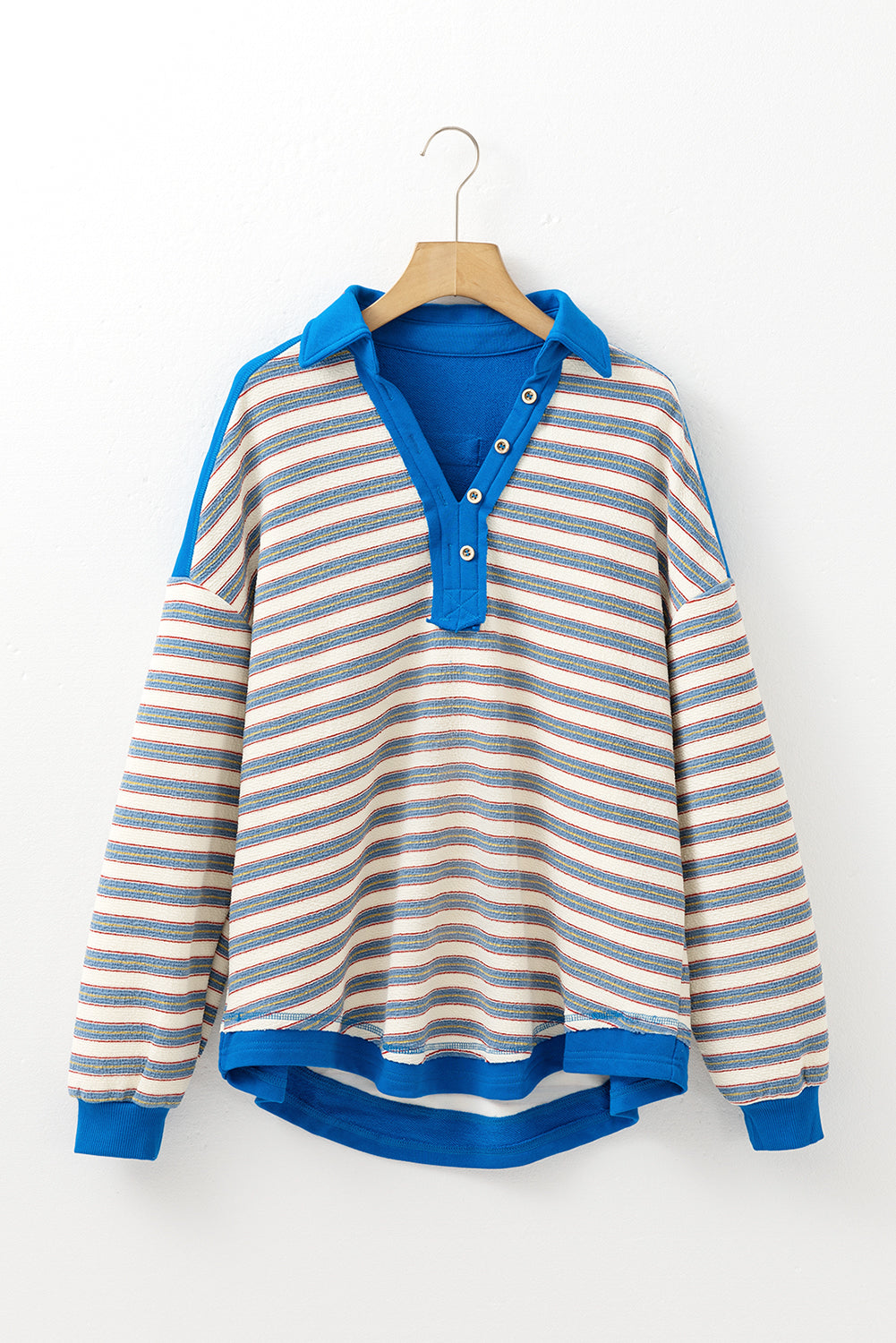 Pink Stripe Collared V Neck Drop Shoulder Top-Long Sleeve Tops-[Adult]-[Female]-2022 Online Blue Zone Planet