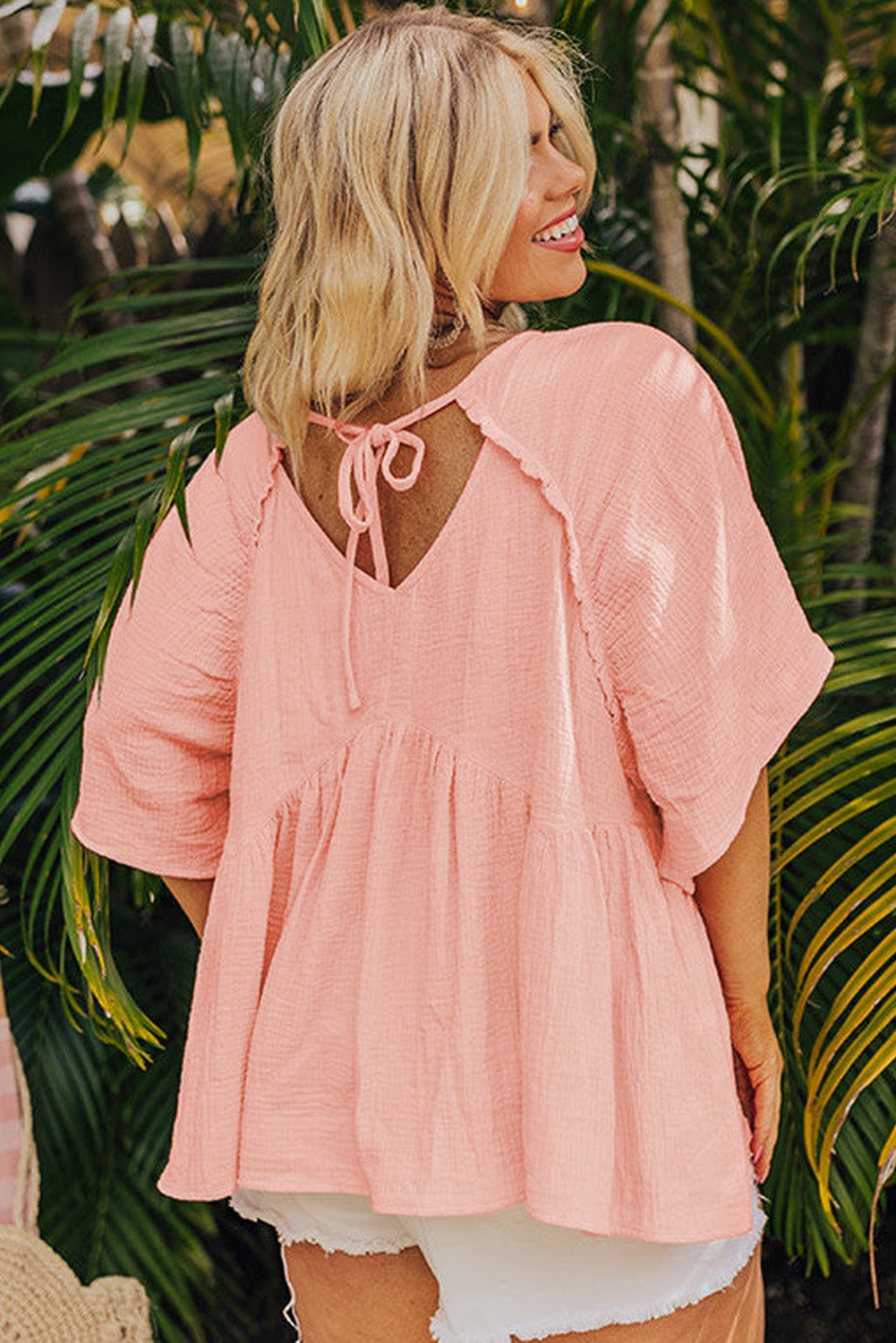 Apricot Pink Plus Size Textured Wide Short Sleeve Babydoll Blouse-Plus Size/Plus Size Tops/Plus Size Blouses & Shirts-[Adult]-[Female]-2022 Online Blue Zone Planet