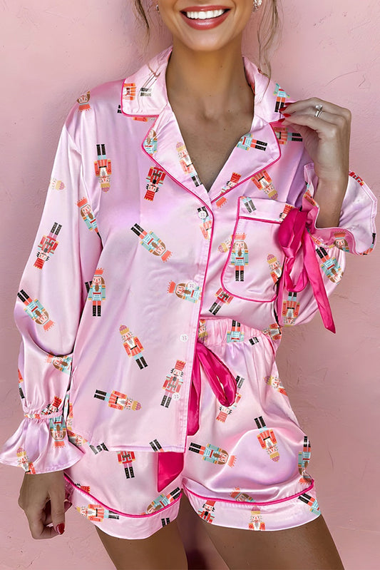 Pink Nutcracker Print Contrast Trim Tied up Bow Silky 2pcs Pajama Set-Loungewear & Sleepwear/Sleepwear-[Adult]-[Female]-Pink-S-2022 Online Blue Zone Planet