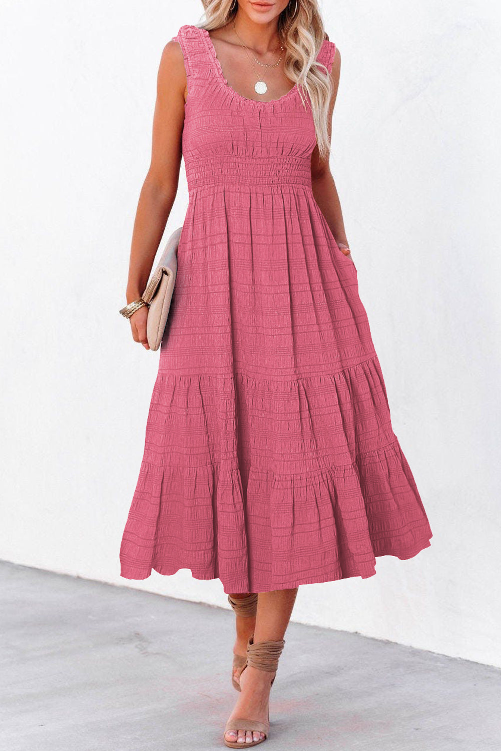 Rose Shirred Pleated Square Neck Sleeveless Midi Dress-TOPS / DRESSES-[Adult]-[Female]-2022 Online Blue Zone Planet