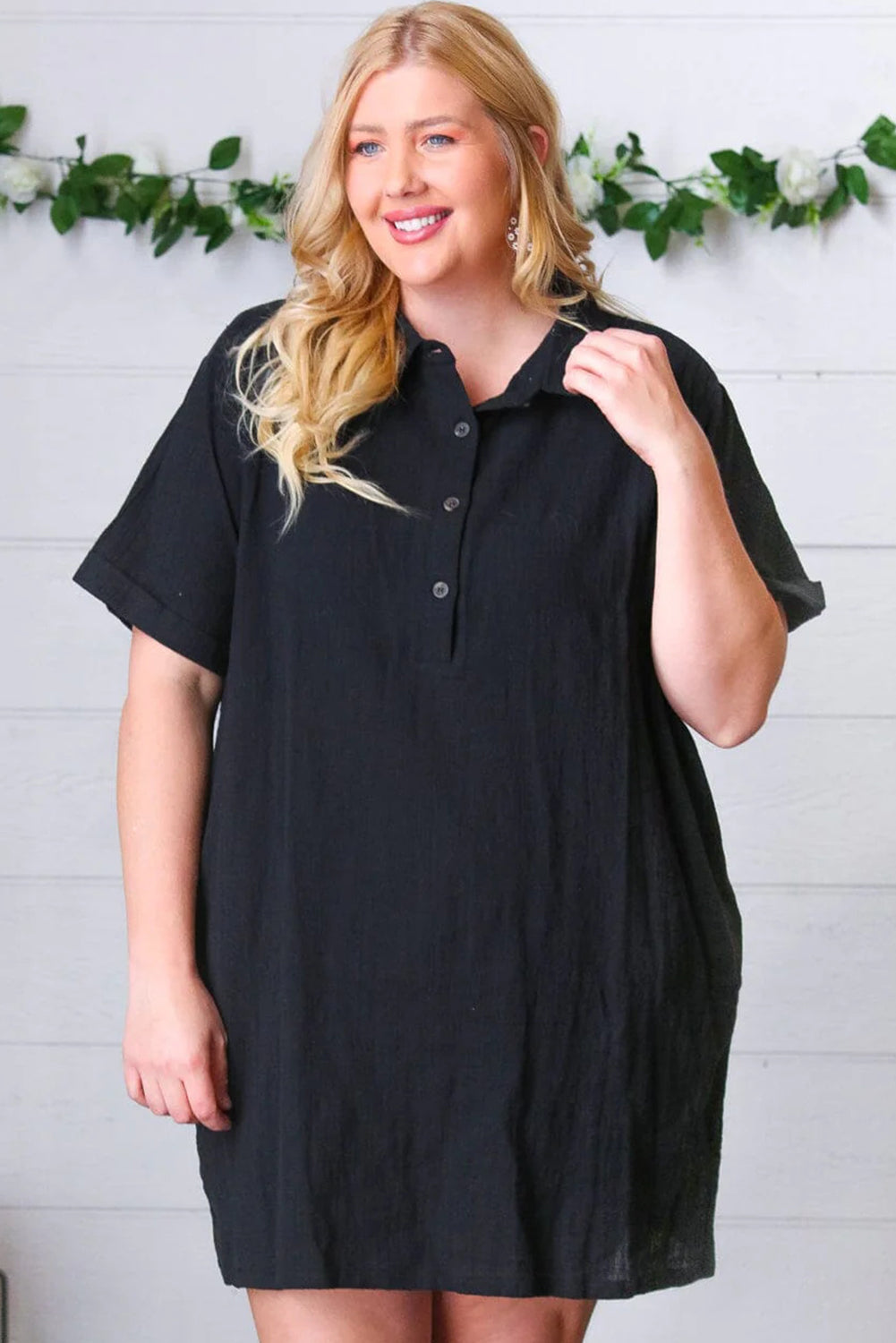 Black Plus Size Shirt Collar Buttoned Short Sleeve Shift Dress-TOPS / DRESSES-[Adult]-[Female]-2022 Online Blue Zone Planet