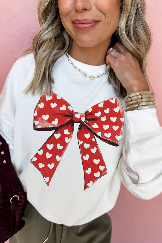 White Heart Bow Printed Round Neck Valentines Pullover Sweatshirt-Graphic Sweatshirts-[Adult]-[Female]-White-S-2022 Online Blue Zone Planet