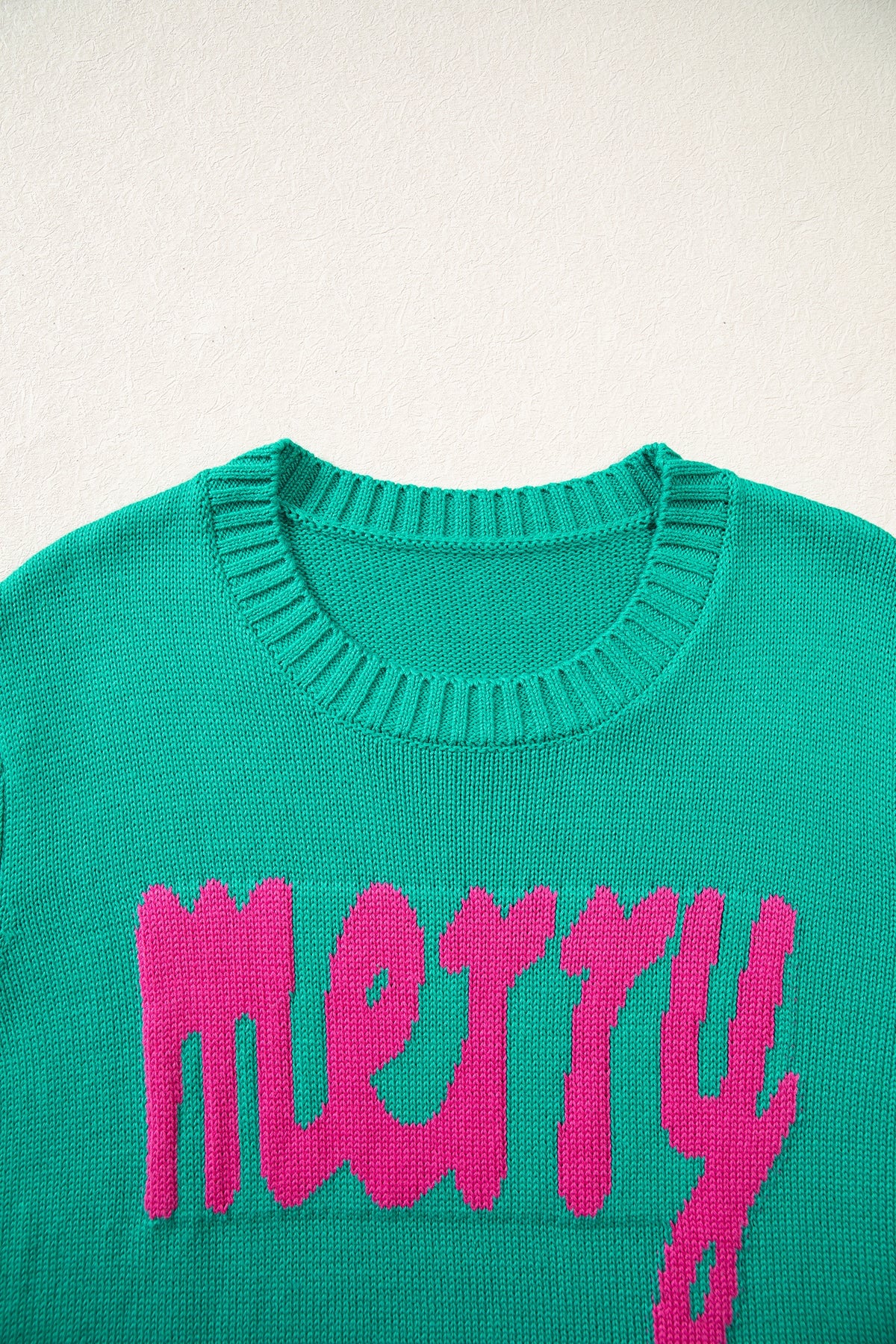 Bright Green Merry Print Ribbed Trim Round Neck Loose Fit Sweater-Sweaters & Cardigans/Sweaters-[Adult]-[Female]-2022 Online Blue Zone Planet