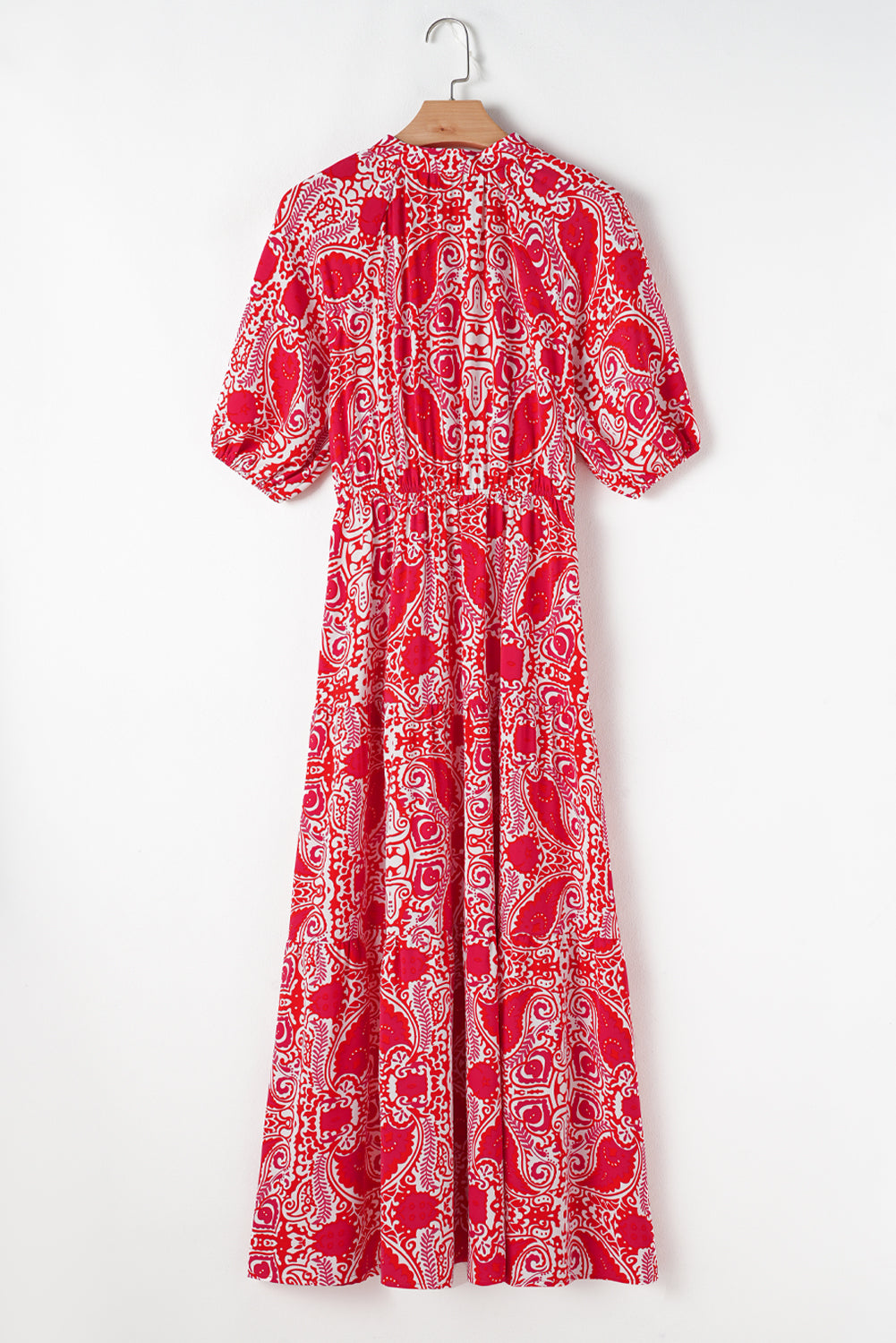 Red Paisley Print Side Slit Puff Sleeve High Waist Maxi Dress-Maxi Dresses-[Adult]-[Female]-2022 Online Blue Zone Planet