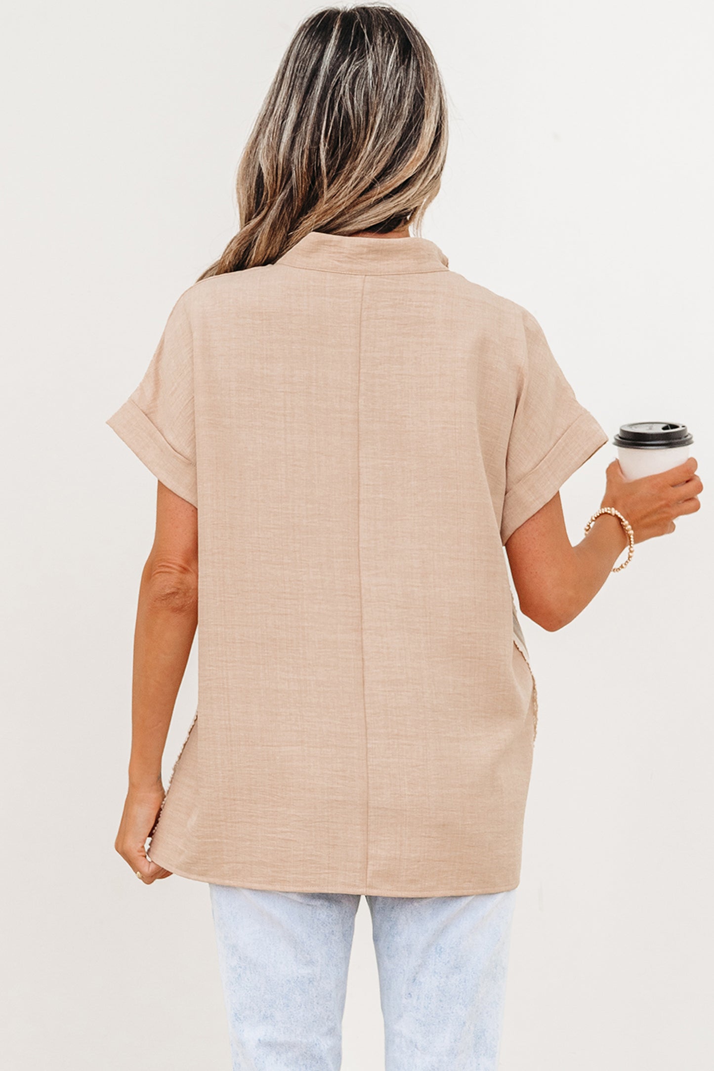 Parchment Crochet Lace Accent Pullover Rolled Short Sleeve Blouse-Tops/Blouses & Shirts-[Adult]-[Female]-2022 Online Blue Zone Planet