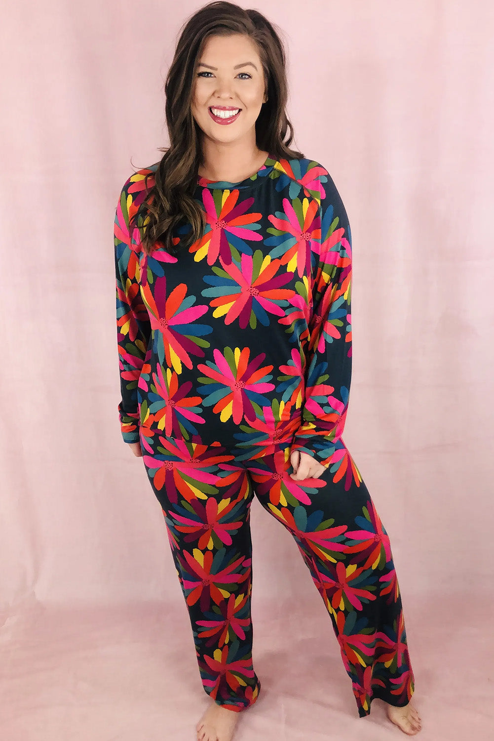 Black Plus Size Printed Long Sleeve and Pants Lounge Set-Plus Size/Plus Size Loungewear-[Adult]-[Female]-2022 Online Blue Zone Planet