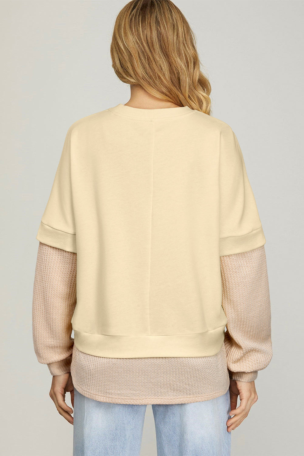 Apricot 2 In 1 Faux Two Piece Patchwork Round Neck Sweatshirt-Tops/Sweatshirts & Hoodies-[Adult]-[Female]-2022 Online Blue Zone Planet