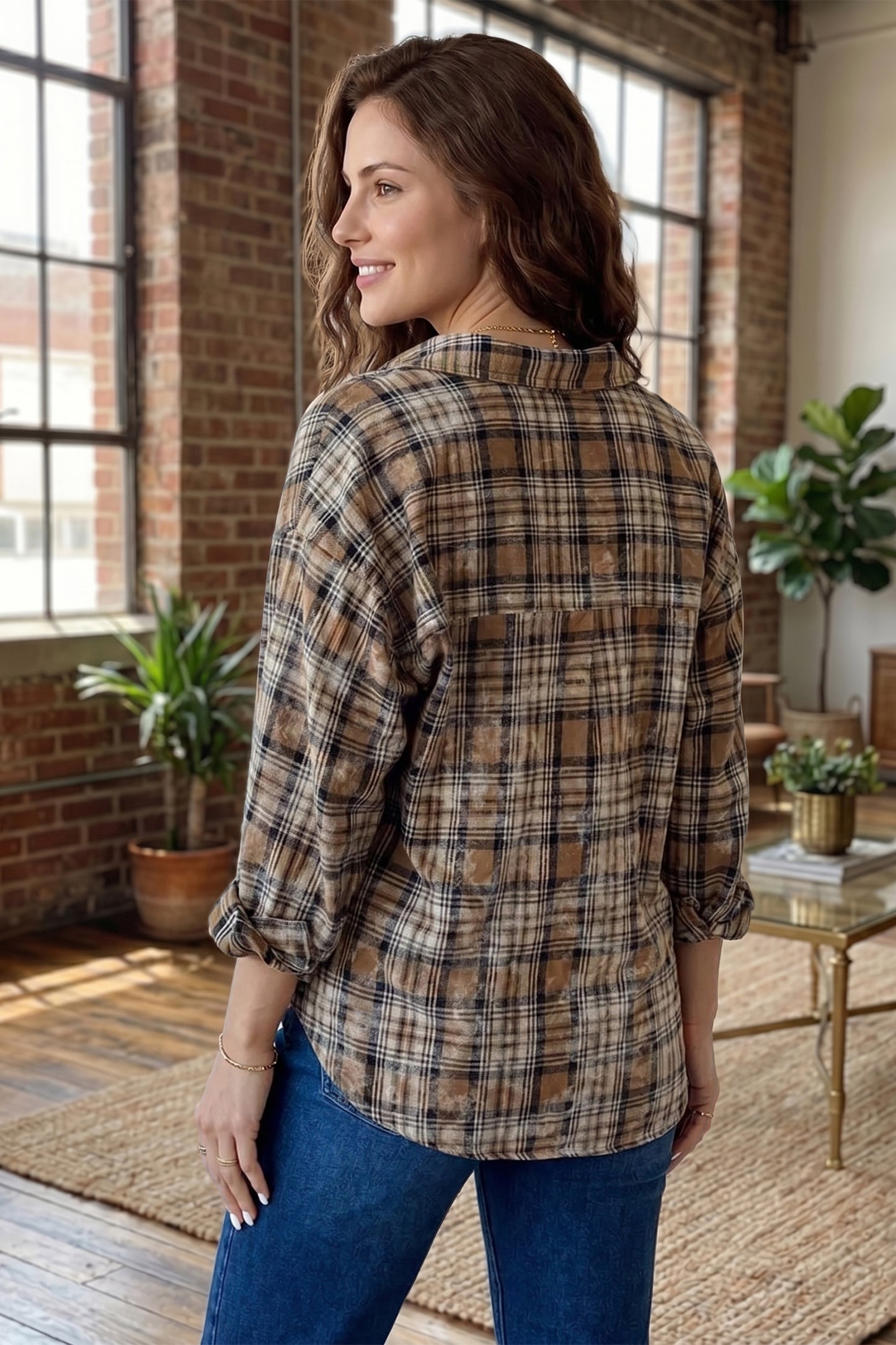 Brown Retro Plaid Long Sleeve Button Down Shirt