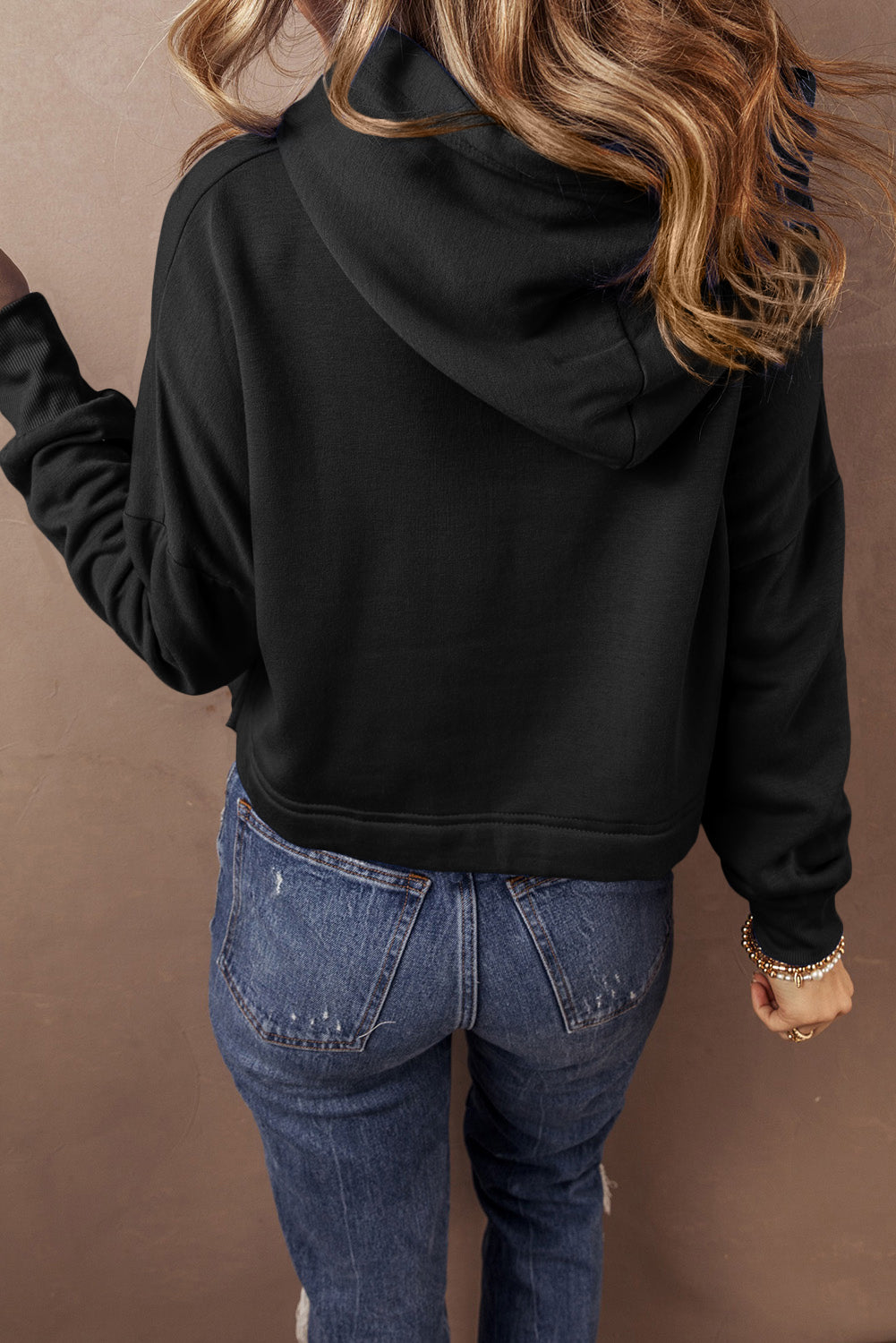 Black Solid Drop Shoulder Drawstring Cropped Hoodie-Tops/Sweatshirts & Hoodies-[Adult]-[Female]-2022 Online Blue Zone Planet