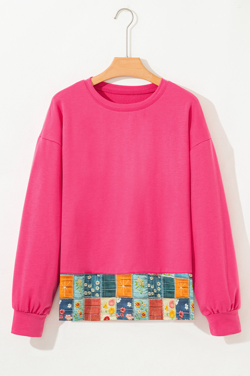 Strawberry Pink Floral Hemline Patchwork Round Neck Casual Top-Tops/Long Sleeve Tops-[Adult]-[Female]-2022 Online Blue Zone Planet