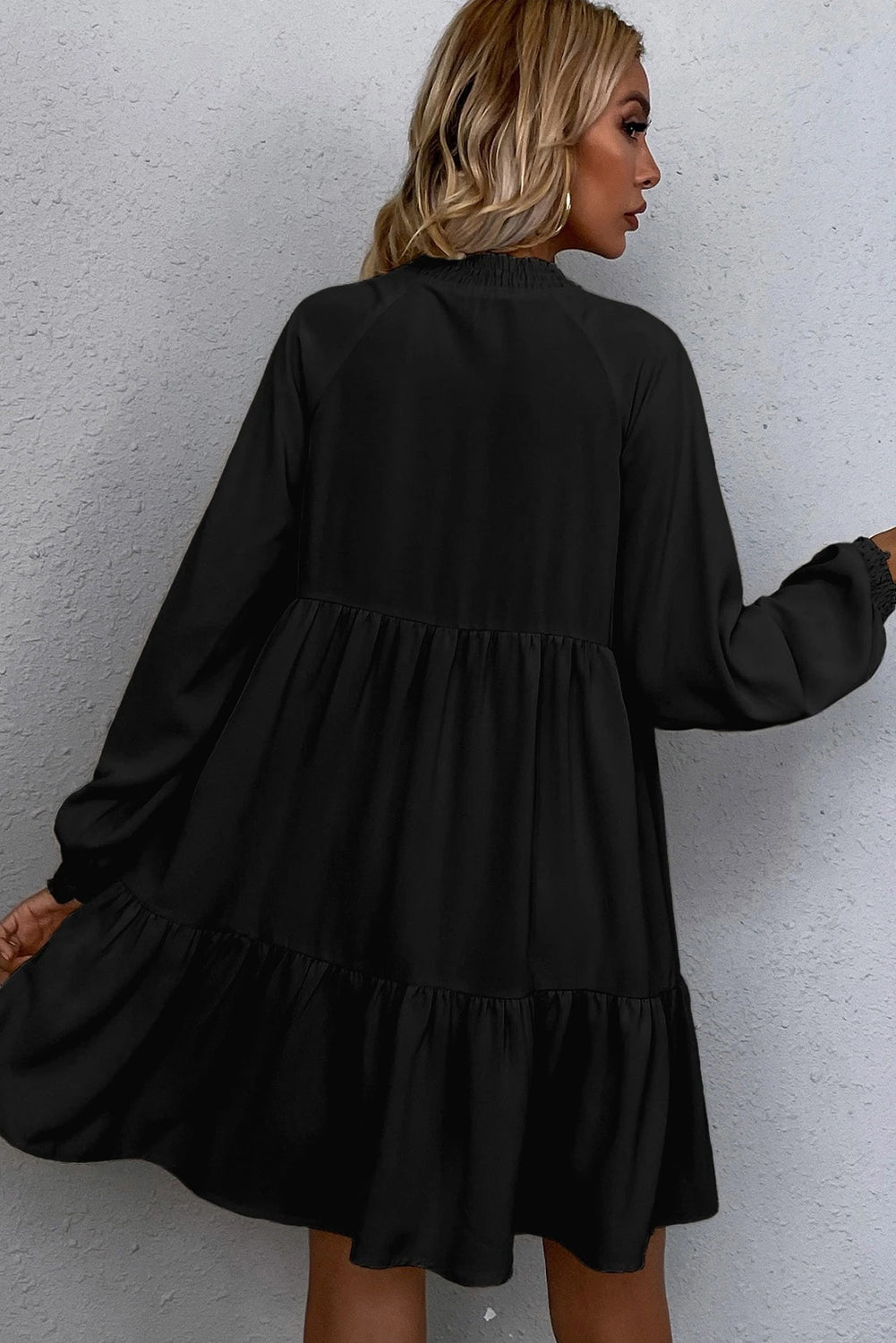 Black Tie Split Neck Smocked Detail Puff Sleeve Ruffle Hem Loose Dress