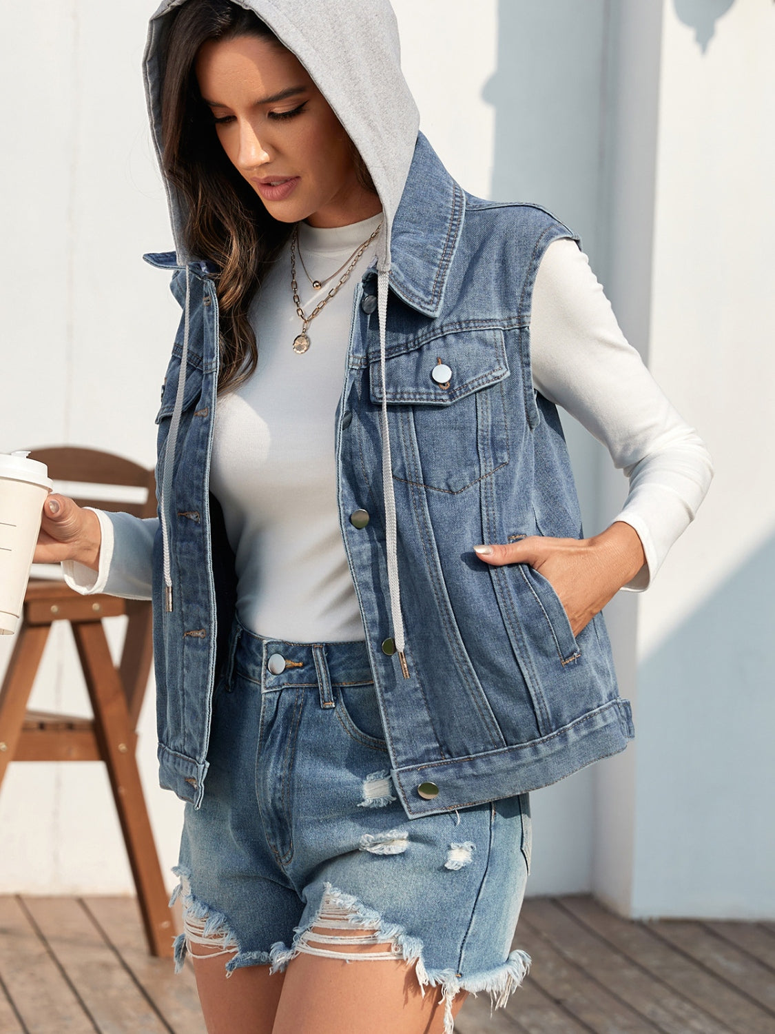 Pocketed Button Up Hooded Denim Jacket-TOPS / DRESSES-[Adult]-[Female]-Medium-S-2022 Online Blue Zone Planet