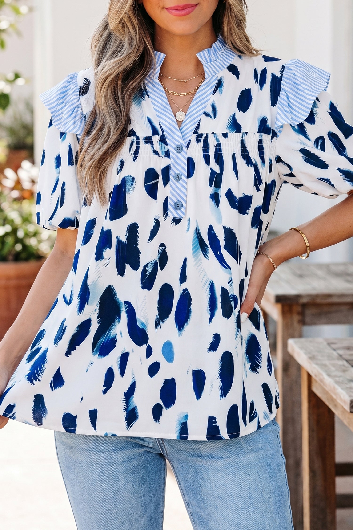 Beige Abstract Animal Print Striped Ruffle Trim V Neck Blouse-Tops/Blouses & Shirts-[Adult]-[Female]-2022 Online Blue Zone Planet