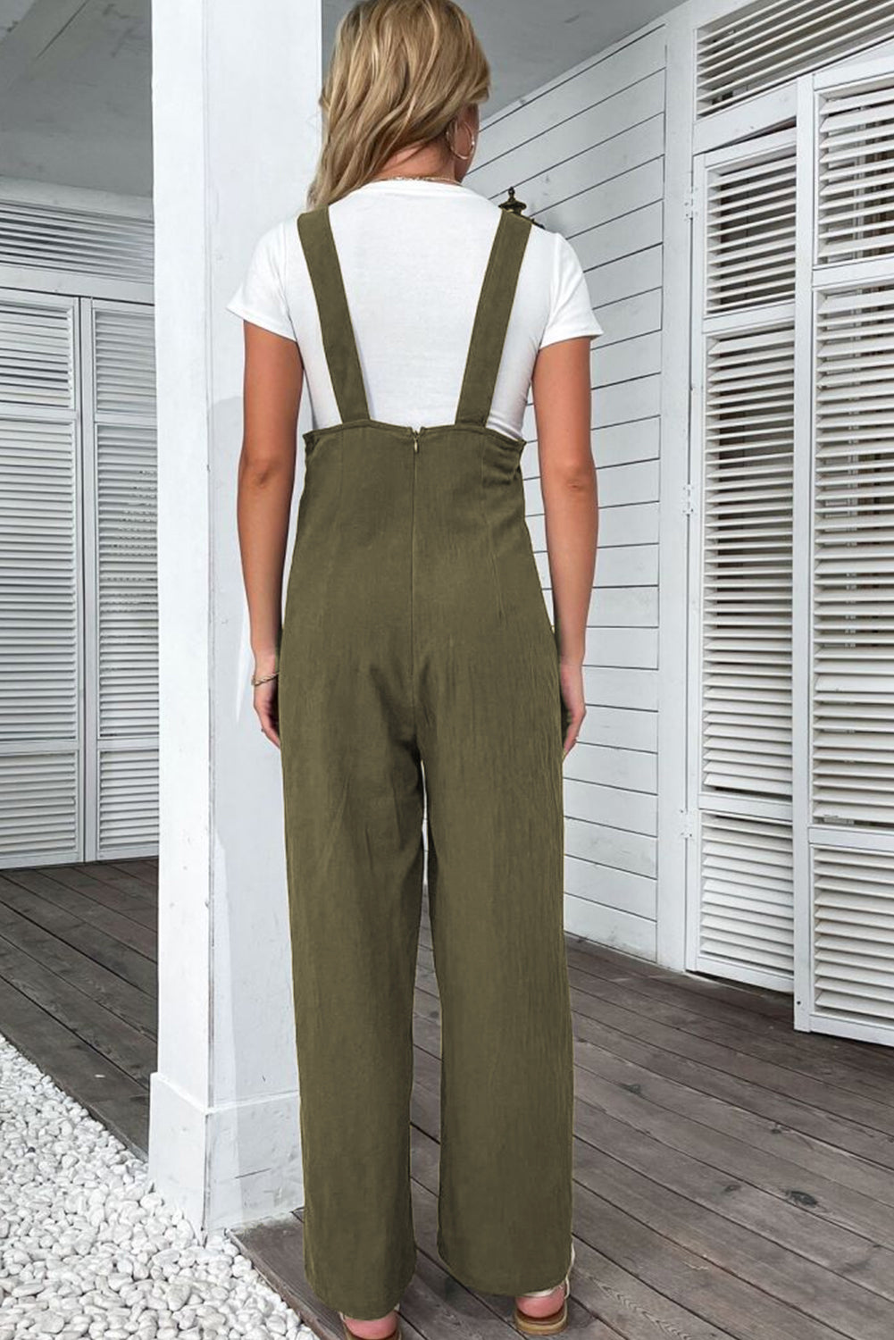 Jungle Green Solid Color Buttoned Straight Leg Overall-Bottoms/Jumpsuits & Rompers-[Adult]-[Female]-2022 Online Blue Zone Planet