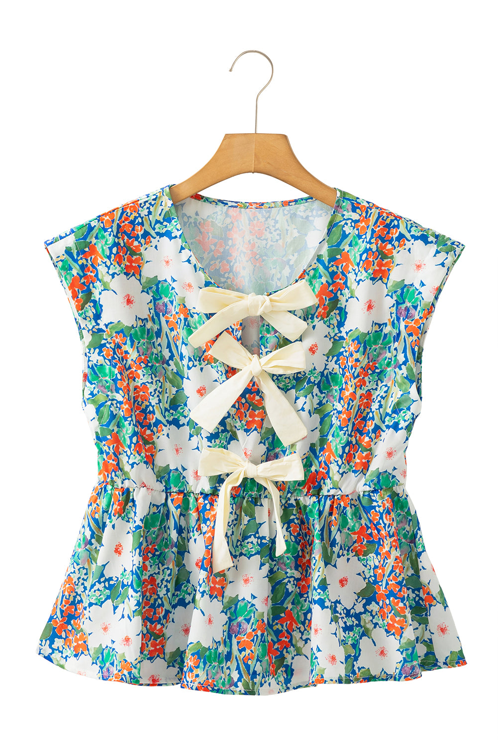 Dark Blue Floral Bow Front Sleeveless Peplum Shirt-Sleeveless Shirts-[Adult]-[Female]-2022 Online Blue Zone Planet