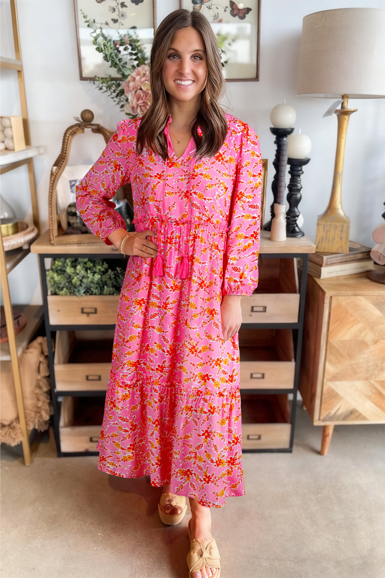 Pink Floral Long Sleeve Tassel Tied V Neck Maxi Dress-Dresses/Maxi Dresses-[Adult]-[Female]-2022 Online Blue Zone Planet