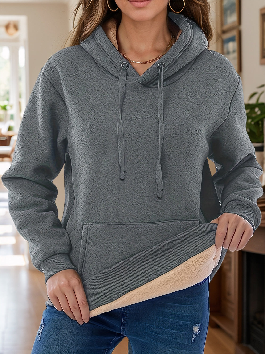 Drawstring Long Sleeve Hoodie with Kangaroo Pocket-TOPS / DRESSES-[Adult]-[Female]-Dark Gray-S-2022 Online Blue Zone Planet