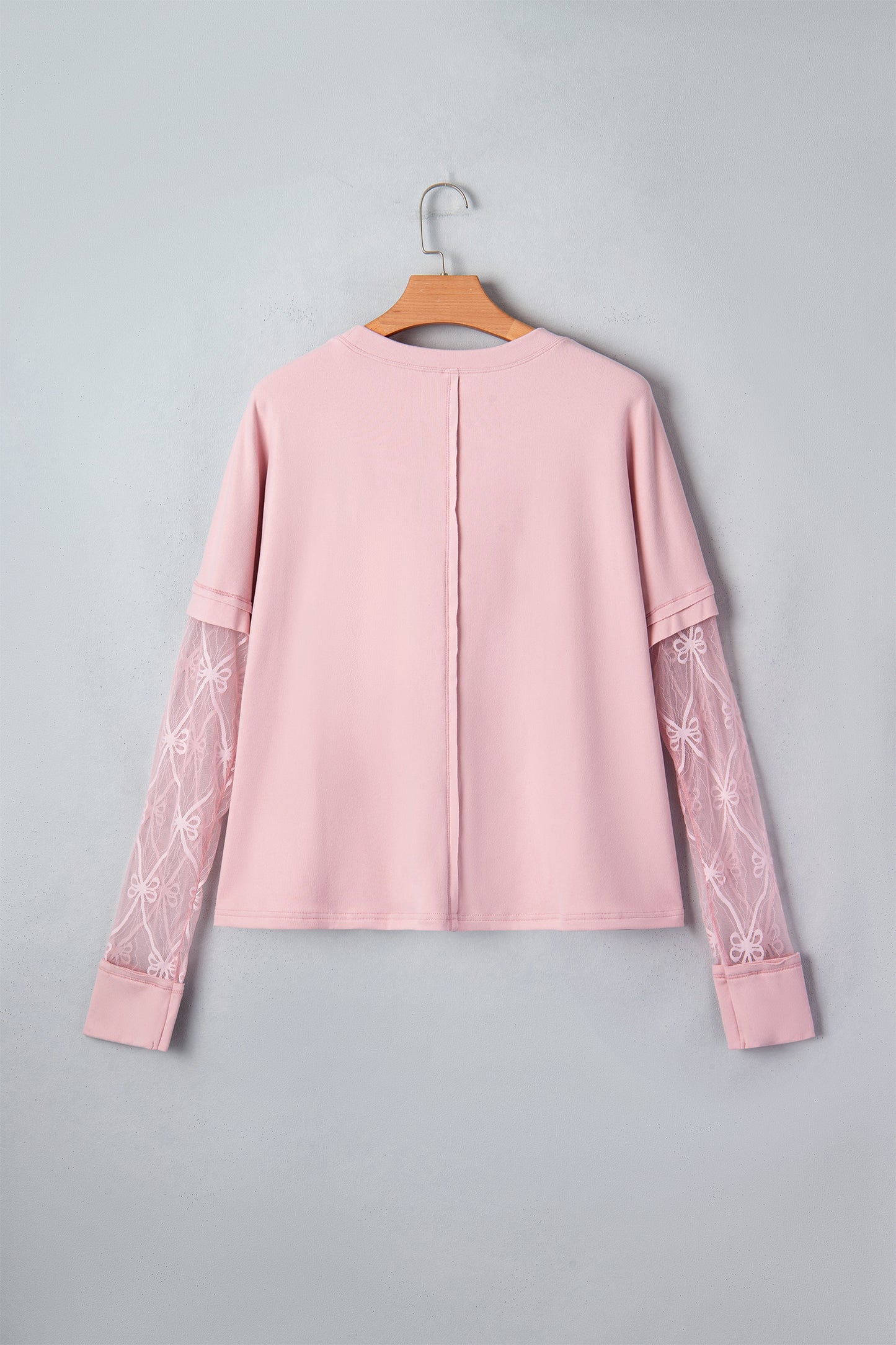 Light Pink Solid Color Bow Textured Patchwork Long Sleeve Tee-Tops/Long Sleeve Tops-[Adult]-[Female]-2022 Online Blue Zone Planet