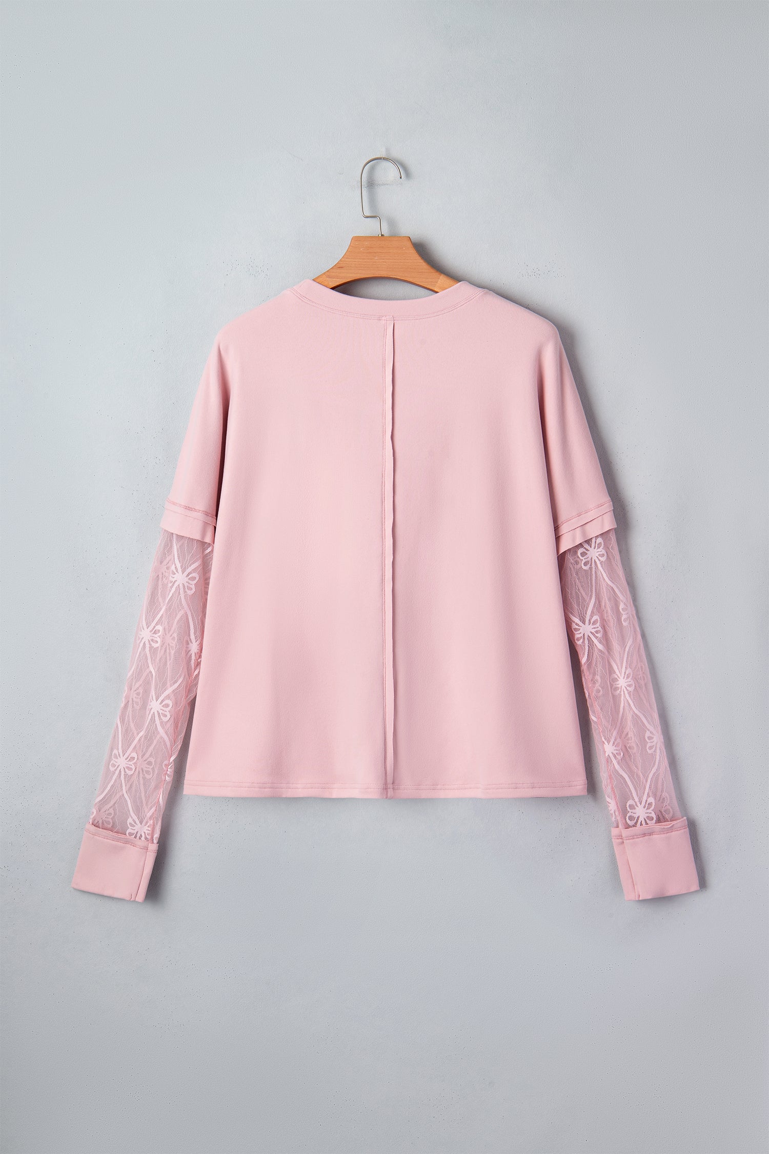 Light Pink Solid Color Bow Textured Patchwork Long Sleeve Tee-Tops/Long Sleeve Tops-[Adult]-[Female]-2022 Online Blue Zone Planet