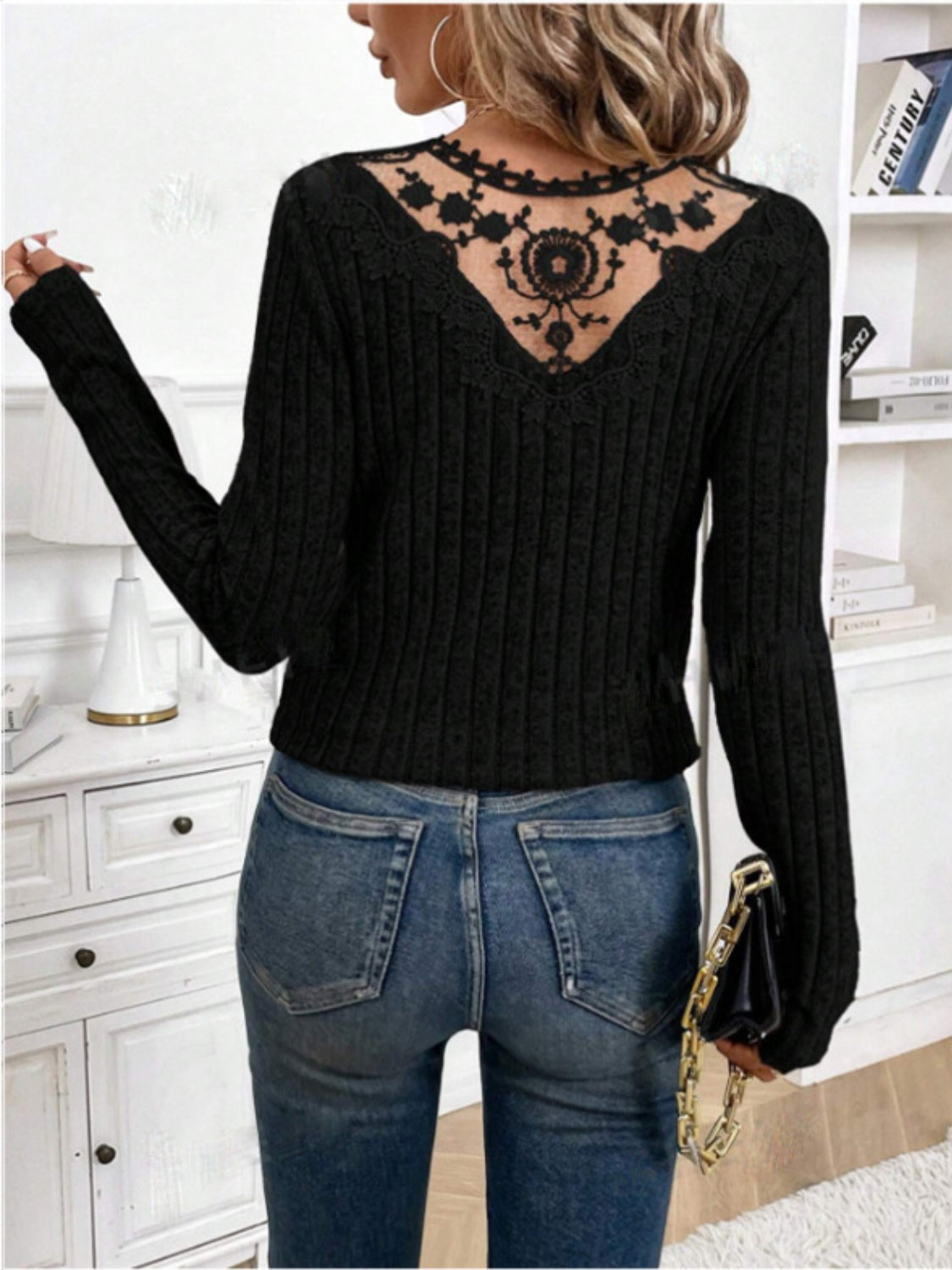 Lace Detail V-Neck Long Sleeve T-Shirt-TOPS / DRESSES-[Adult]-[Female]-2022 Online Blue Zone Planet