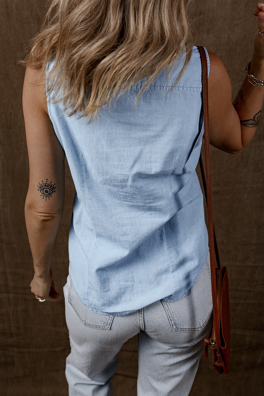 Light Blue Denim Collared Sleeveless Shirt-Tops/Tank Tops-[Adult]-[Female]-2022 Online Blue Zone Planet