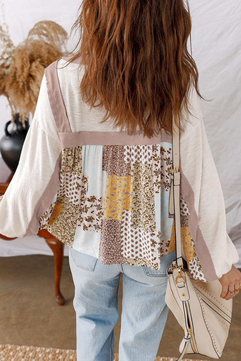 White Floral Printed Contrast Patchwork Long Sleeve Top-Tops/Long Sleeve Tops-[Adult]-[Female]-2022 Online Blue Zone Planet