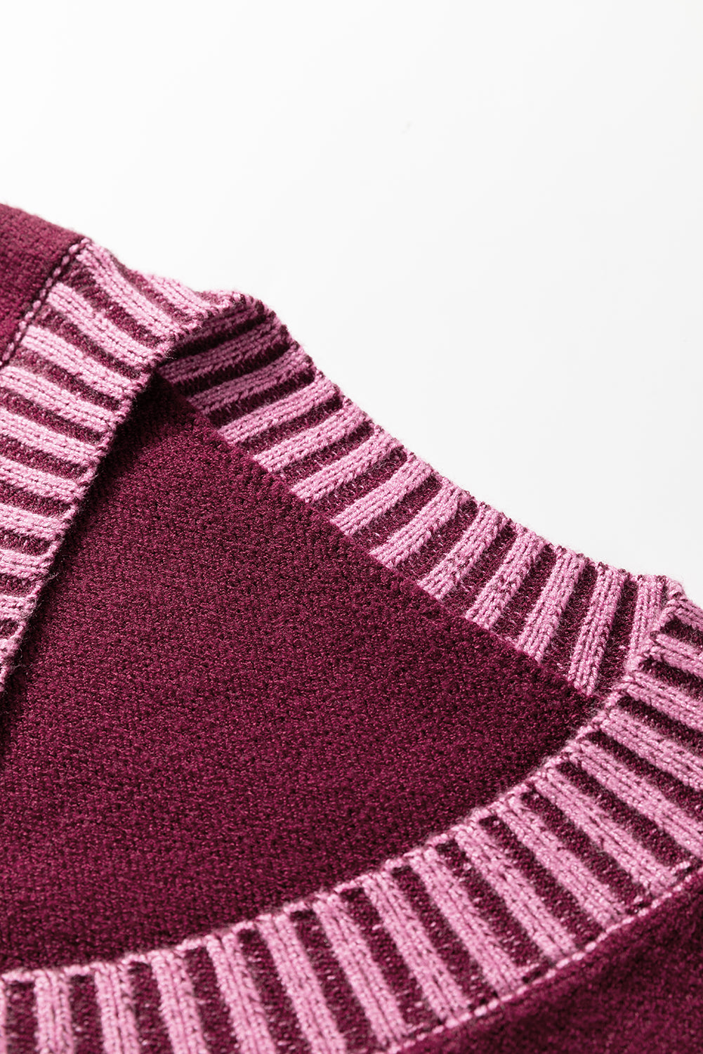 Burgundy Contrast Trim V Neck Cuffed Short Sleeve Loose Sweater-TOPS / DRESSES-[Adult]-[Female]-2022 Online Blue Zone Planet