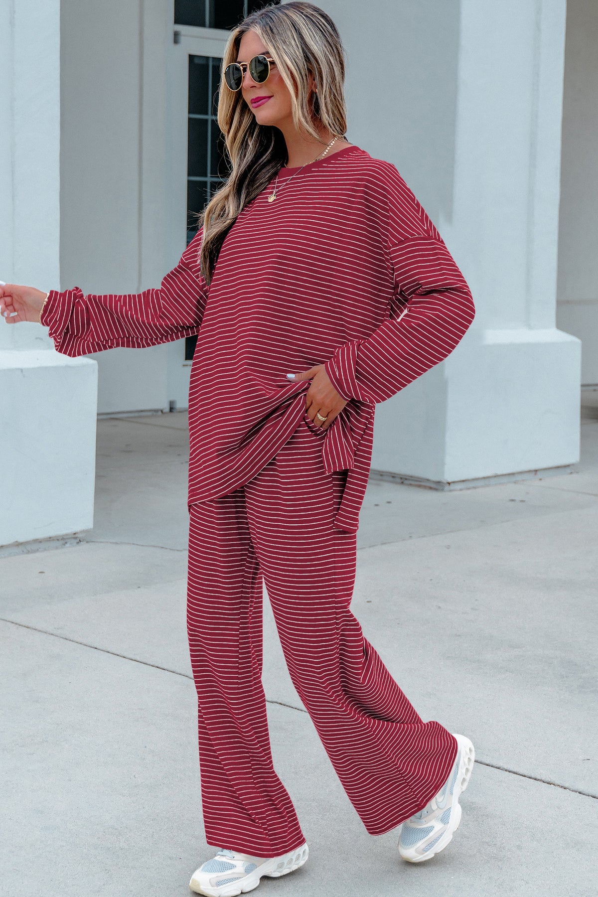 Black Stripe Dropped Shoulder Long Sleeve Top Elastic Waist Pants Casual 2pcs Set-Two Piece Sets/Pant Sets-[Adult]-[Female]-2022 Online Blue Zone Planet