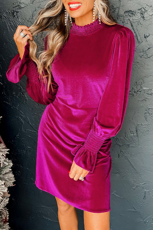 Rose Red Smocked Mock Neck Ruffled Puff Sleeve Velvet Mini Dress-Dresses/Mini Dresses-[Adult]-[Female]-Rose Red-S-2022 Online Blue Zone Planet