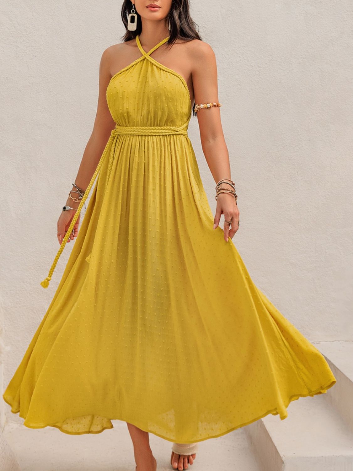 Swiss Dot Backless Sleeveless Maxi Dress-TOPS / DRESSES-[Adult]-[Female]-Mustard-S-2022 Online Blue Zone Planet