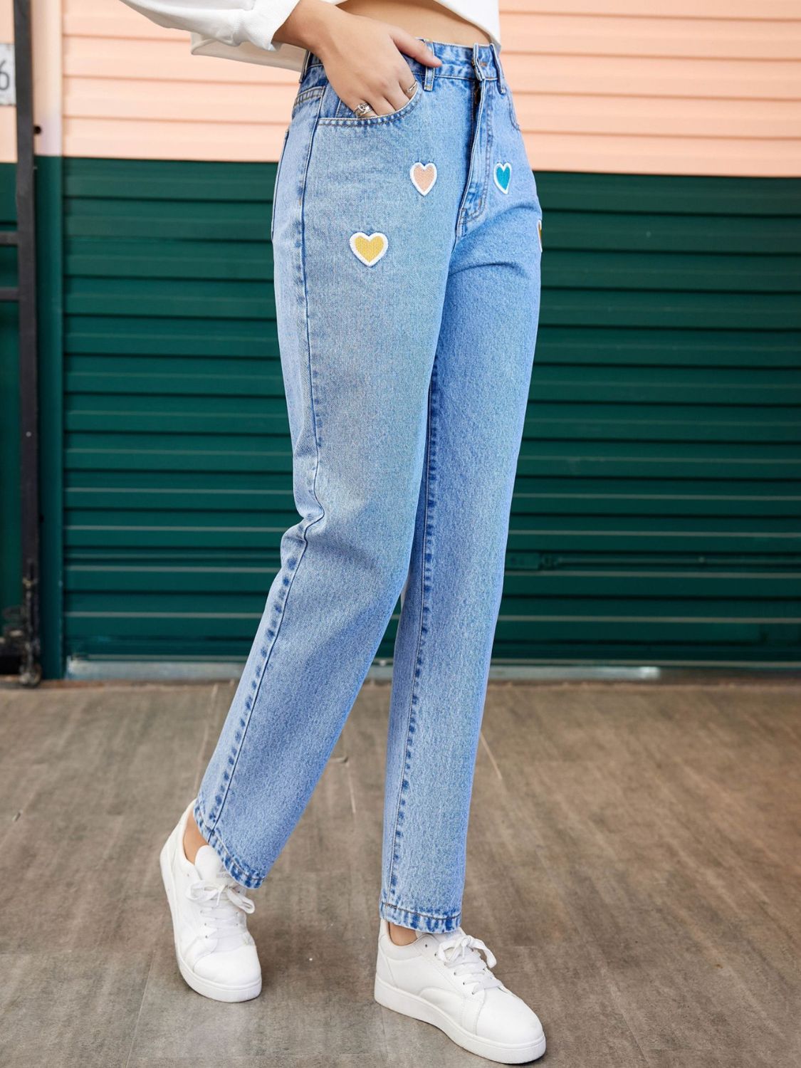 Heart Straight Leg Jeans with Pockets-BOTTOMS SIZES SMALL MEDIUM LARGE-[Adult]-[Female]-2022 Online Blue Zone Planet