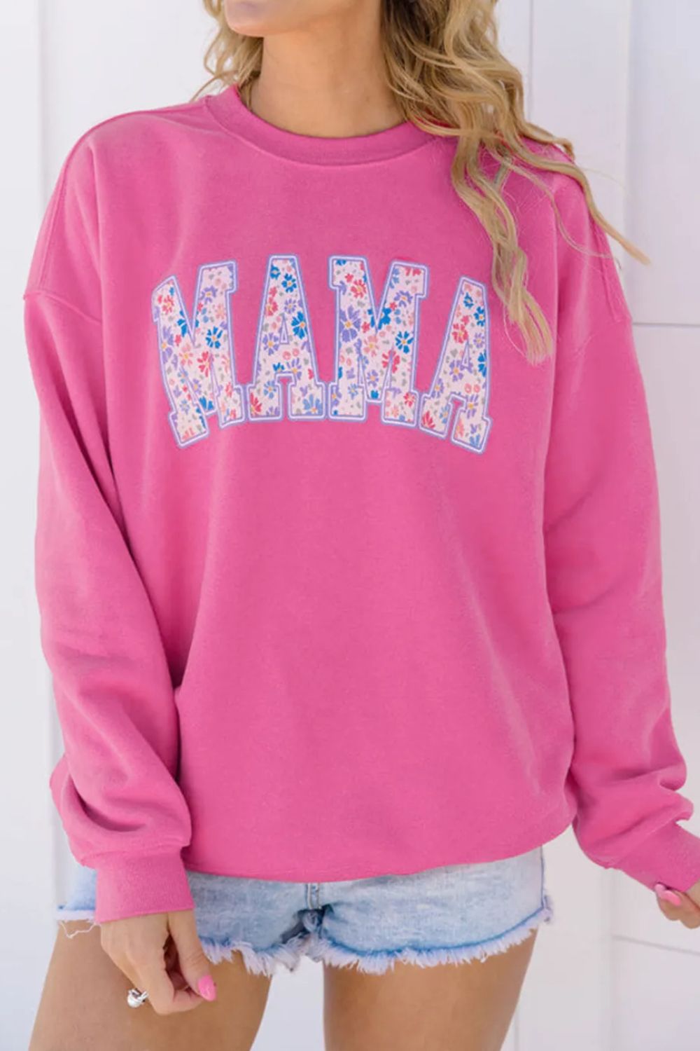 MAMA Round Neck Long Sleeve Sweatshirt-TOPS / DRESSES-[Adult]-[Female]-Fuchsia Pink-S-2022 Online Blue Zone Planet