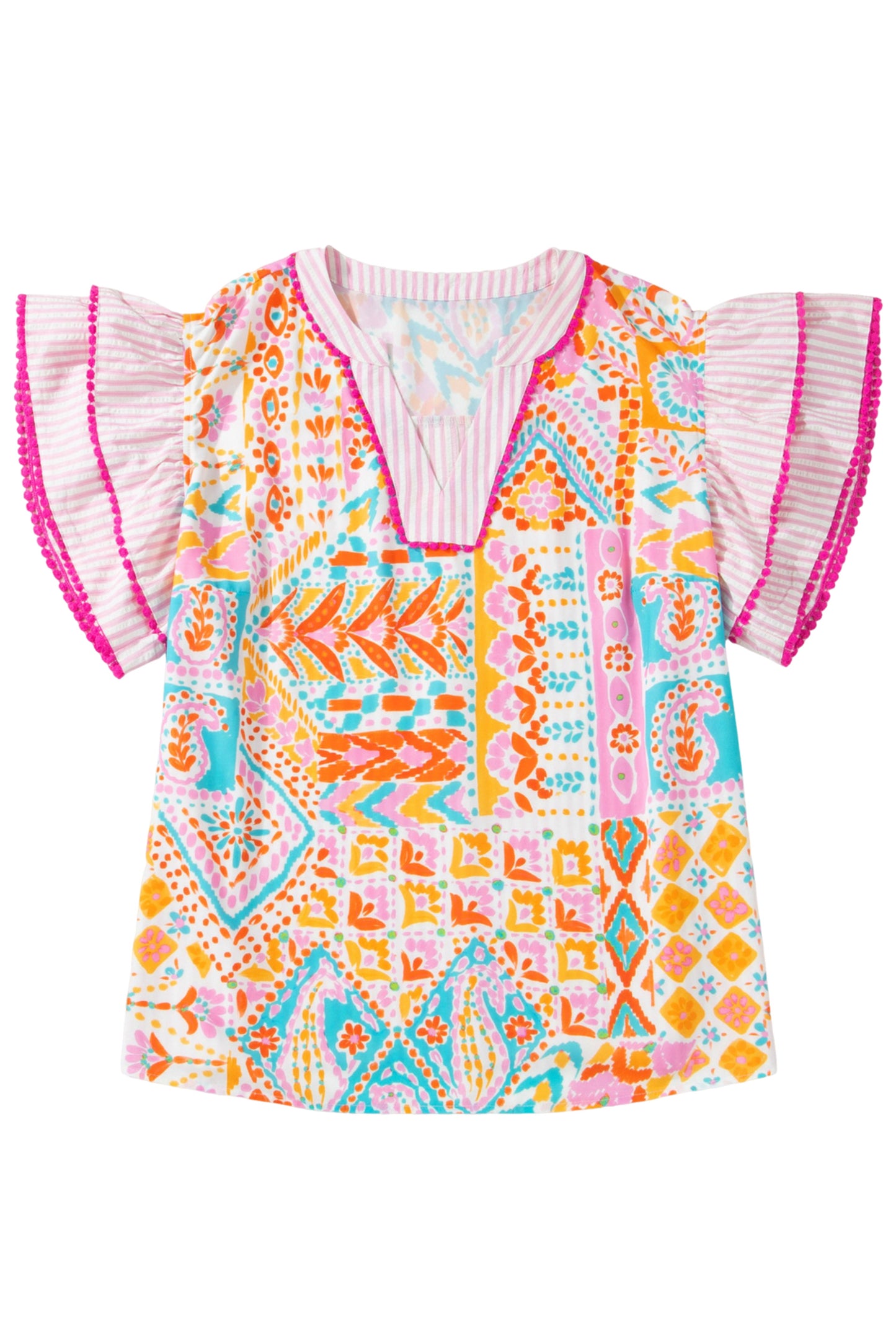 Rose Plus Size Geometric Print Contrast Trim Striped V Neck Blouse-Plus Size/Plus Size Tops/Plus Size Blouses & Shirts-[Adult]-[Female]-2022 Online Blue Zone Planet