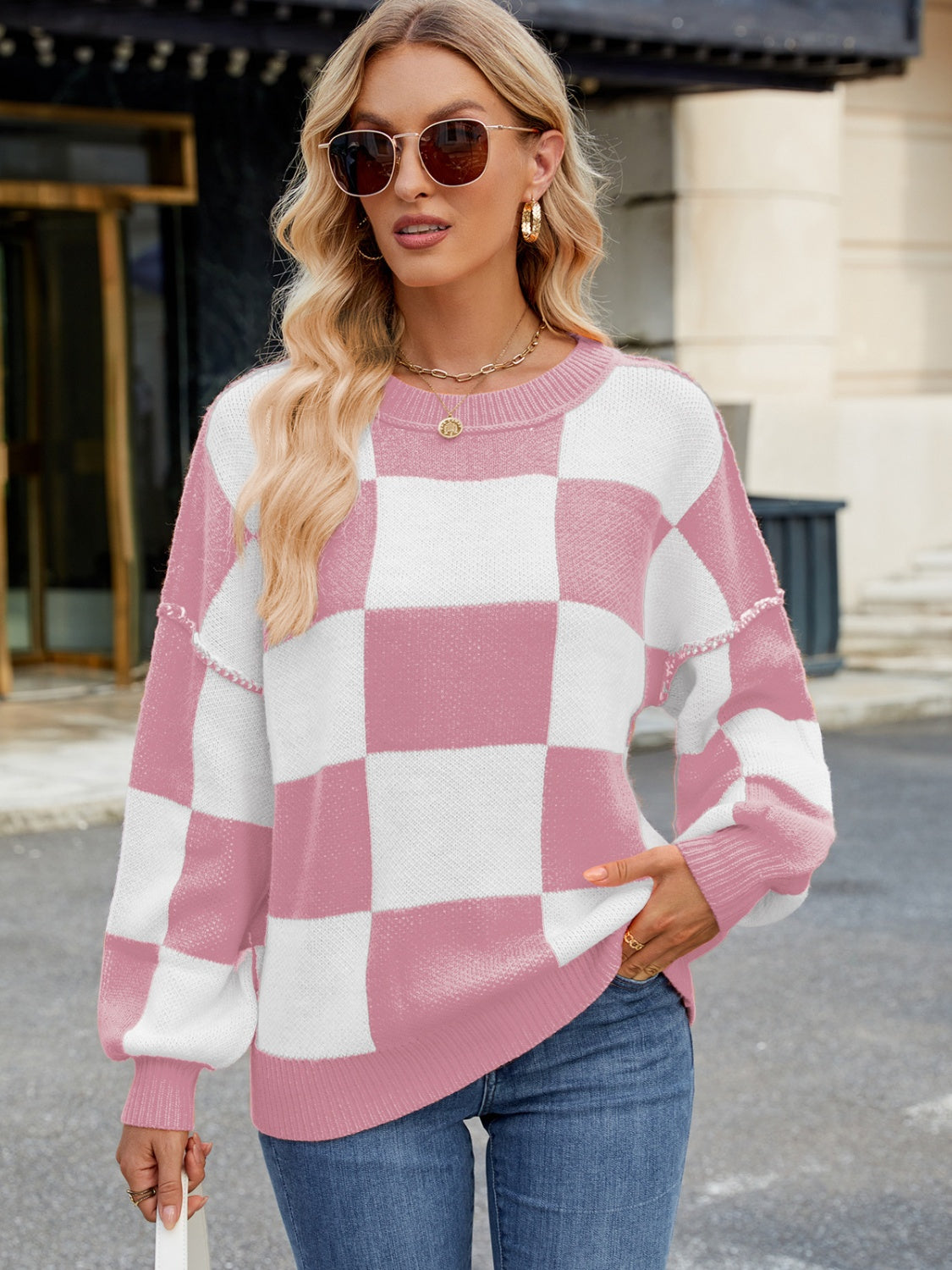 Checkered Round Neck Long Sleeve Sweater-TOPS / DRESSES-[Adult]-[Female]-2022 Online Blue Zone Planet