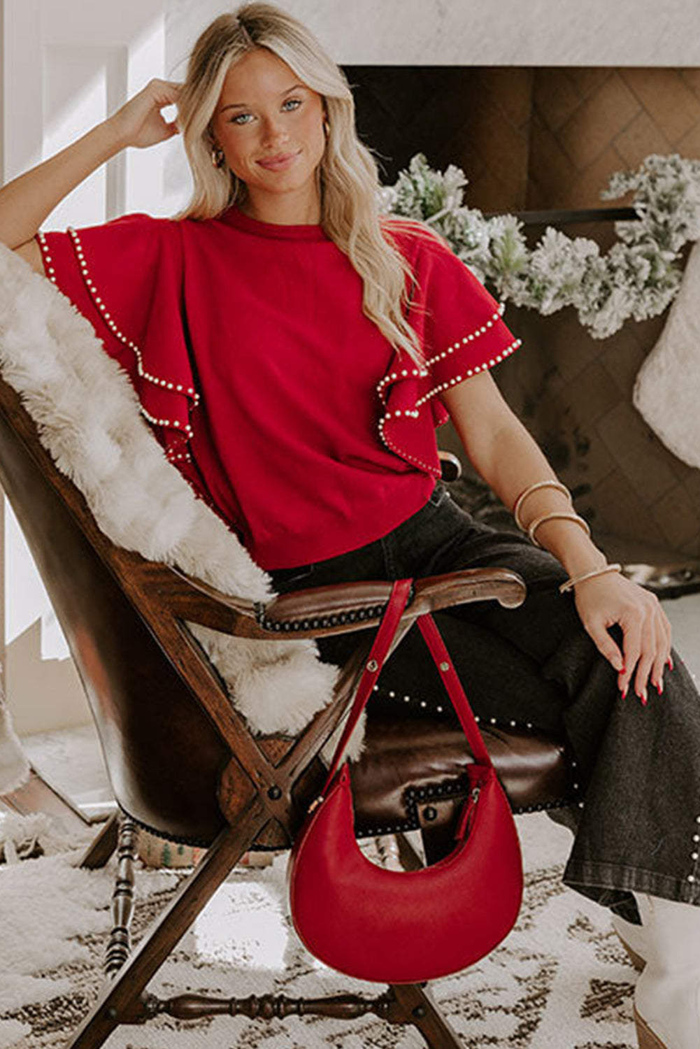 Racing Red Pearl Embellished Double Ruffle Short Sleeve Sweater-TOPS / DRESSES-[Adult]-[Female]-2022 Online Blue Zone Planet