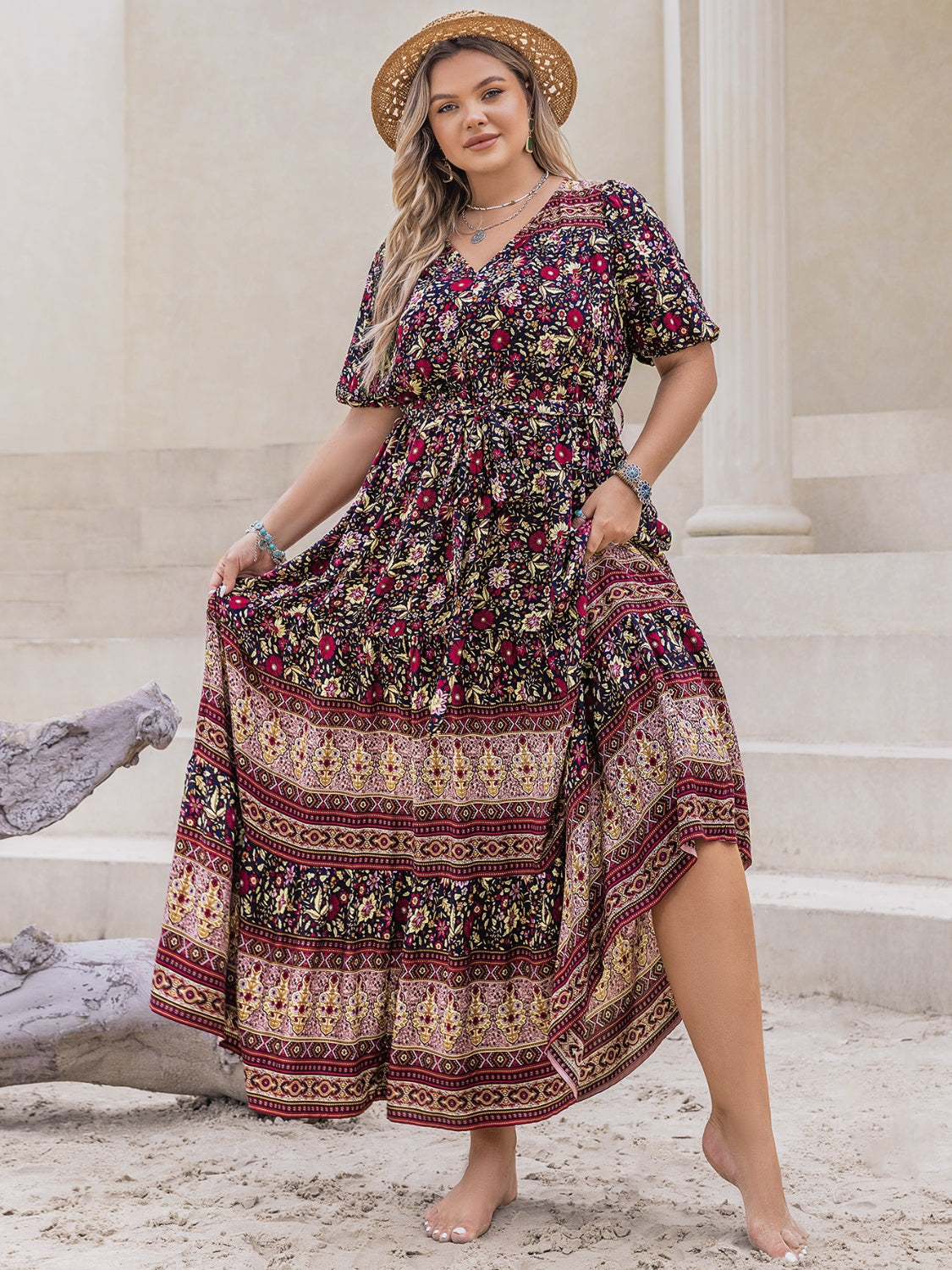 Blue Zone Planet | Plus Size Printed V-Neck Short Sleeve Maxi Dress-TOPS / DRESSES-[Adult]-[Female]-Burgundy-0XL-2022 Online Blue Zone Planet