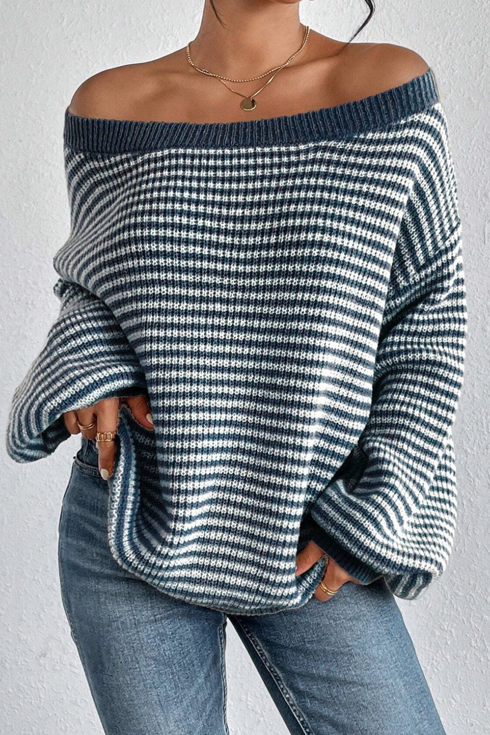 Striped Boat Neck Long Sleeve Sweater-TOPS / DRESSES-[Adult]-[Female]-2022 Online Blue Zone Planet