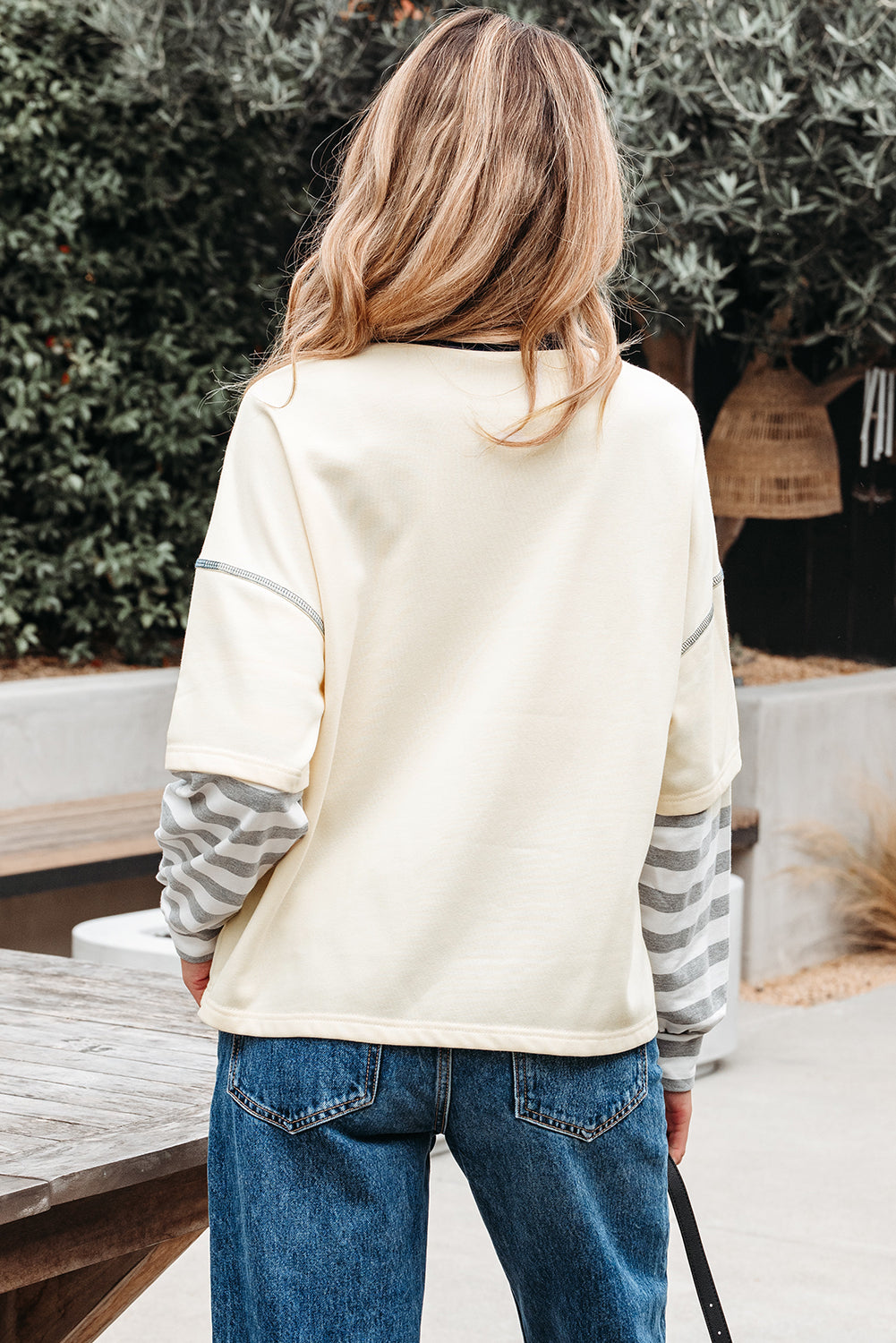 Beige Striped Patchwork Long Sleeve Round Neck Two-In-One Top-Tops/Long Sleeve Tops-[Adult]-[Female]-2022 Online Blue Zone Planet