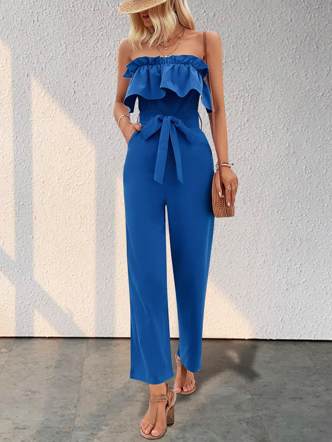 Ruffled Tie Waist Tube Jumpsuit-TOPS / DRESSES-[Adult]-[Female]-2022 Online Blue Zone Planet