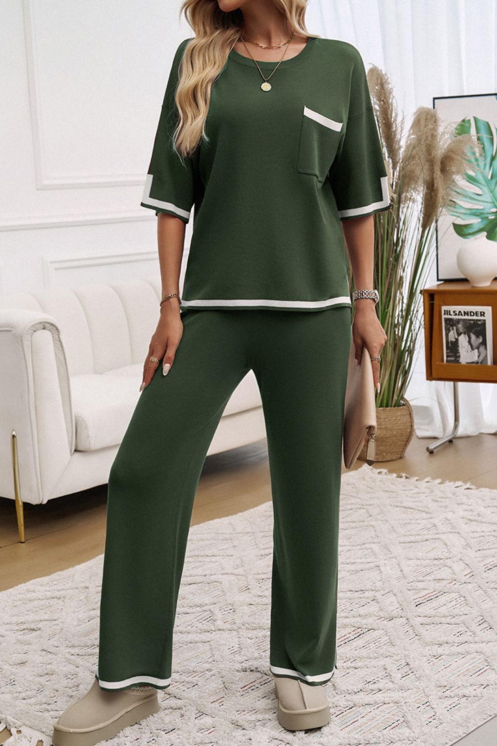 Devine Contrast Trim Half Sleeve Top and Pants Set-TOPS / DRESSES-[Adult]-[Female]-Black Forest-S-2022 Online Blue Zone Planet