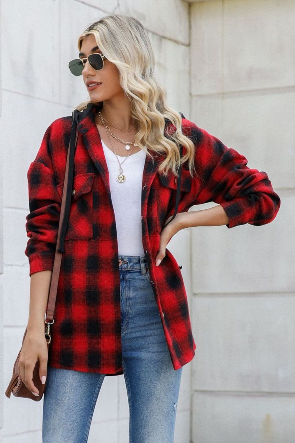 Drawstring Plaid Long Sleeve Hooded Shacket-TOPS / DRESSES-[Adult]-[Female]-2022 Online Blue Zone Planet