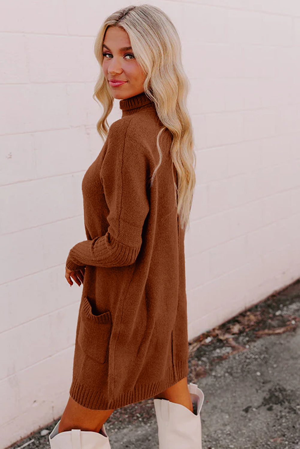 Chestnut Ribbed High Neck Front Pockets Center Seam Shift Sweater Dress-Sweaters & Cardigans/Sweater Dresses-[Adult]-[Female]-2022 Online Blue Zone Planet