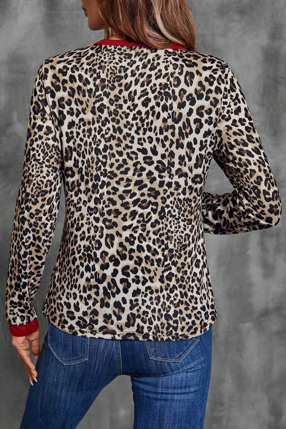 Brown Leopard Print Contrast Trim Round Neck Long Sleeve Top-Tops/Long Sleeve Tops-[Adult]-[Female]-2022 Online Blue Zone Planet