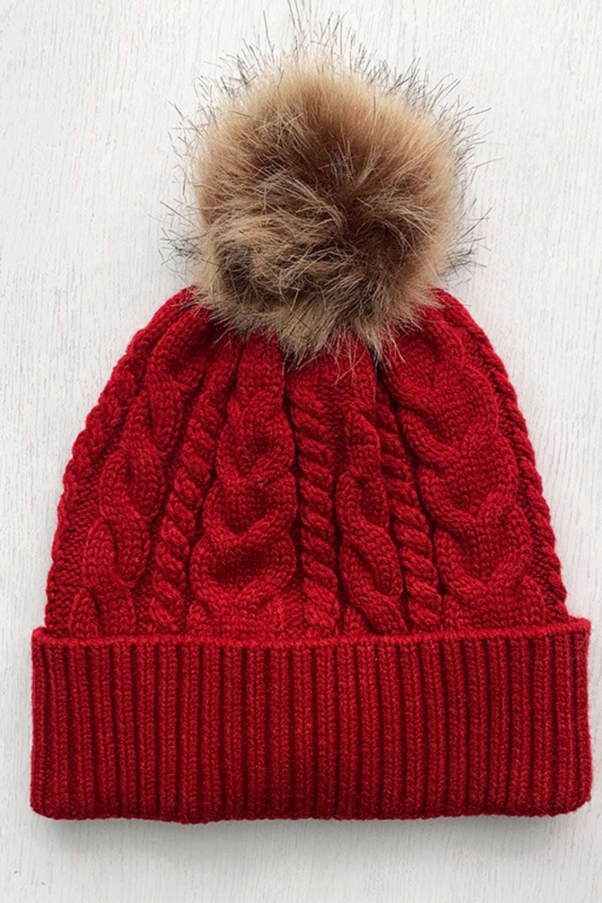 Blue Zone Planet | Cable-Knit Cuffed Hat with Pom-pom-HATS-[Adult]-[Female]-Scarlet-One Size-2022 Online Blue Zone Planet