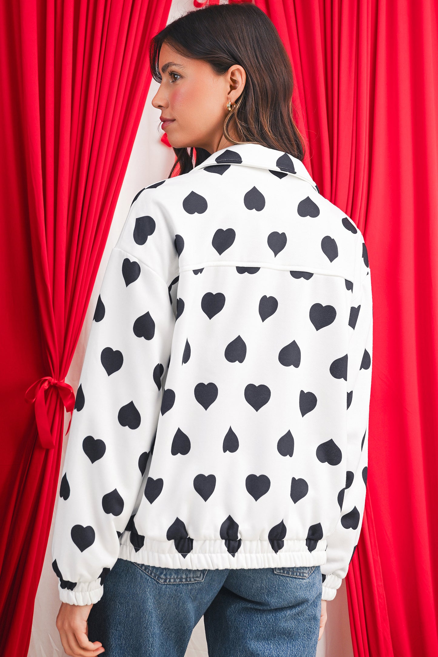 White Zipper Heart Print Collared Jacket-Jackets-[Adult]-[Female]-2022 Online Blue Zone Planet